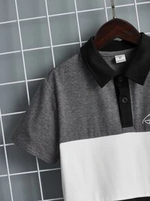 SHEIN 男孩字母圖案撞色POLO衫 - 深灰色 - 查看 4