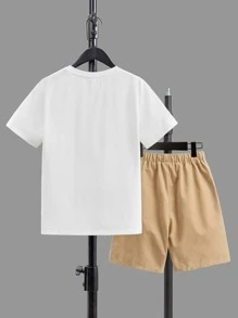 SHEIN Boys Cartoon & Slogan Graphic Tee & Drawstring Waist Shorts - Multicolor - View 2