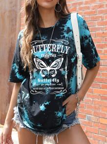 SHEIN Unity 蝴蝶和字母圖案落肩T恤 - 藍色 - 查看 1