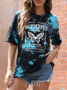 SHEIN Unity 蝴蝶和字母圖案落肩T恤 - 藍色 - 查看 3