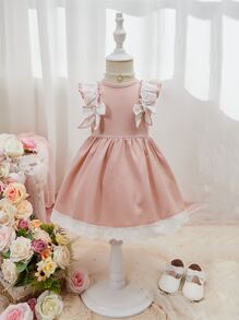 SHEIN Baby Eyelet Embroidery Ruffle Trim Bow Front Dress - Pink - View 1