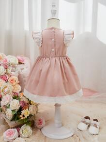 SHEIN Baby Eyelet Embroidery Ruffle Trim Bow Front Dress - Pink - View 2