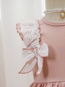 SHEIN Baby Eyelet Embroidery Ruffle Trim Bow Front Dress - Pink - View 3