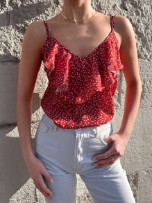 RueChic Allover Heart Print Ruffle Trim Cami Top