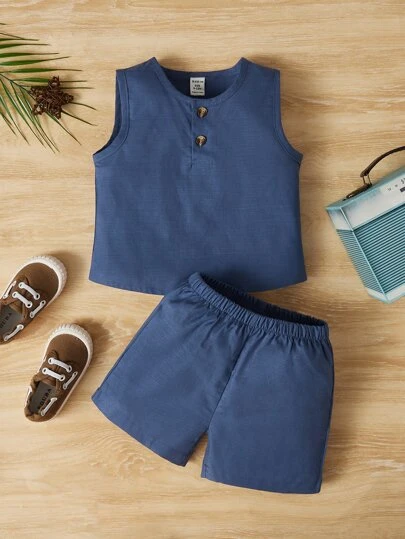 SHEIN 嬰兒前紐扣背心上衣和短褲