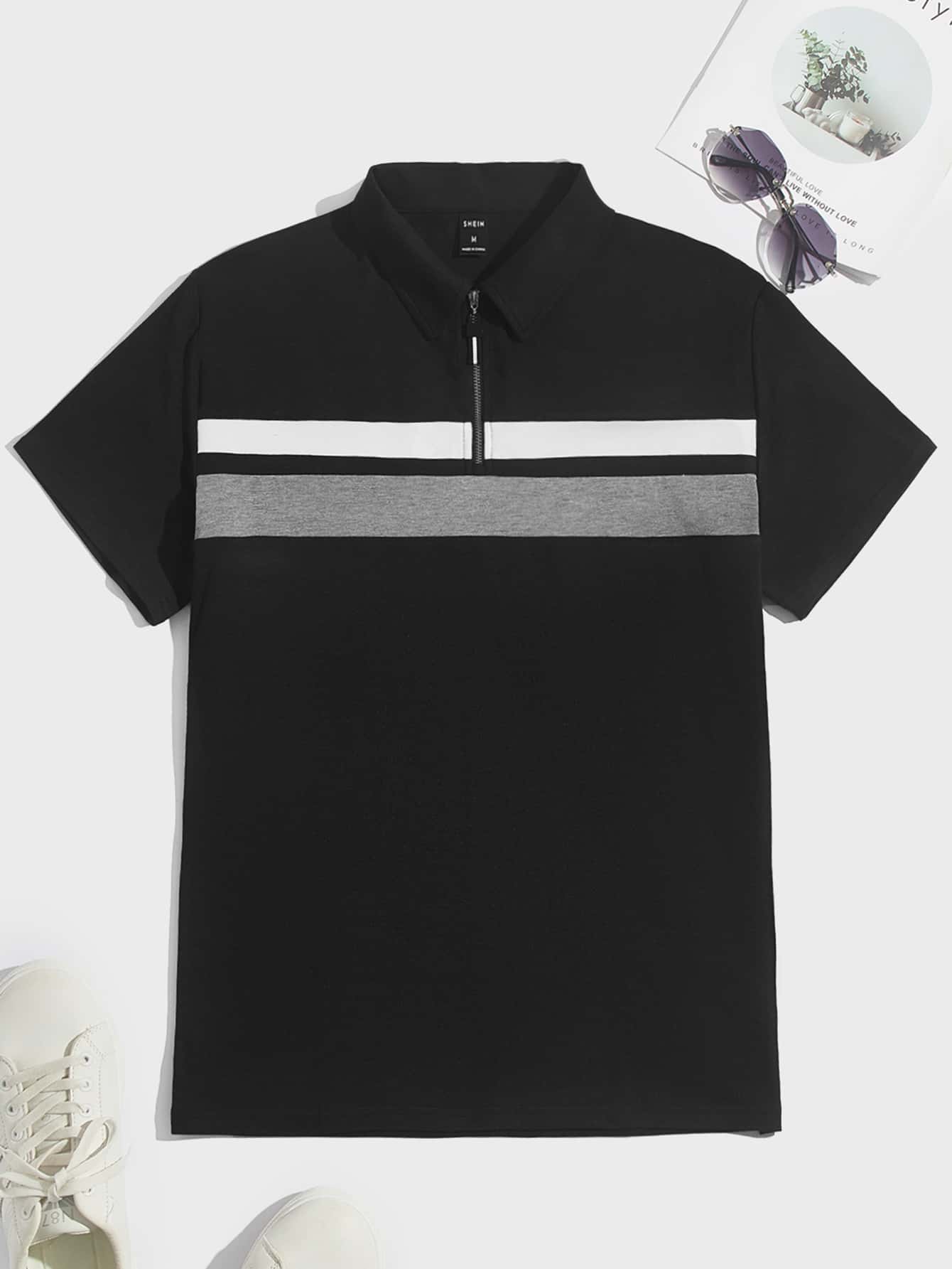 Manfinity Hombres Camisa polo panel en contraste - Negro - Ver 1