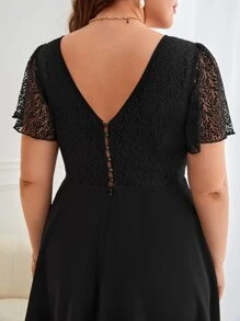 SHEIN Frenchy Plus Contrast Lace Butterfly Sleeve Dress - Black - View 2