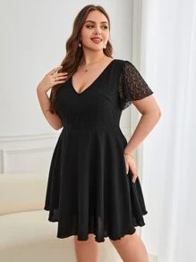 SHEIN Frenchy Plus Contrast Lace Butterfly Sleeve Dress - Black - View 3