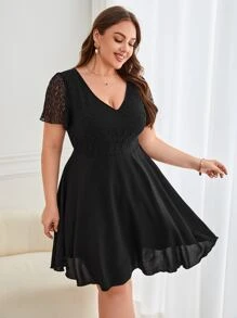 SHEIN Frenchy Plus Contrast Lace Butterfly Sleeve Dress - Black - View 4