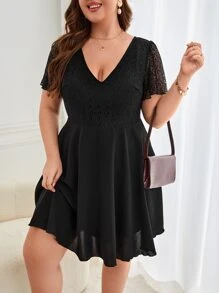 SHEIN Frenchy Plus Contrast Lace Butterfly Sleeve Dress - Black - View 5