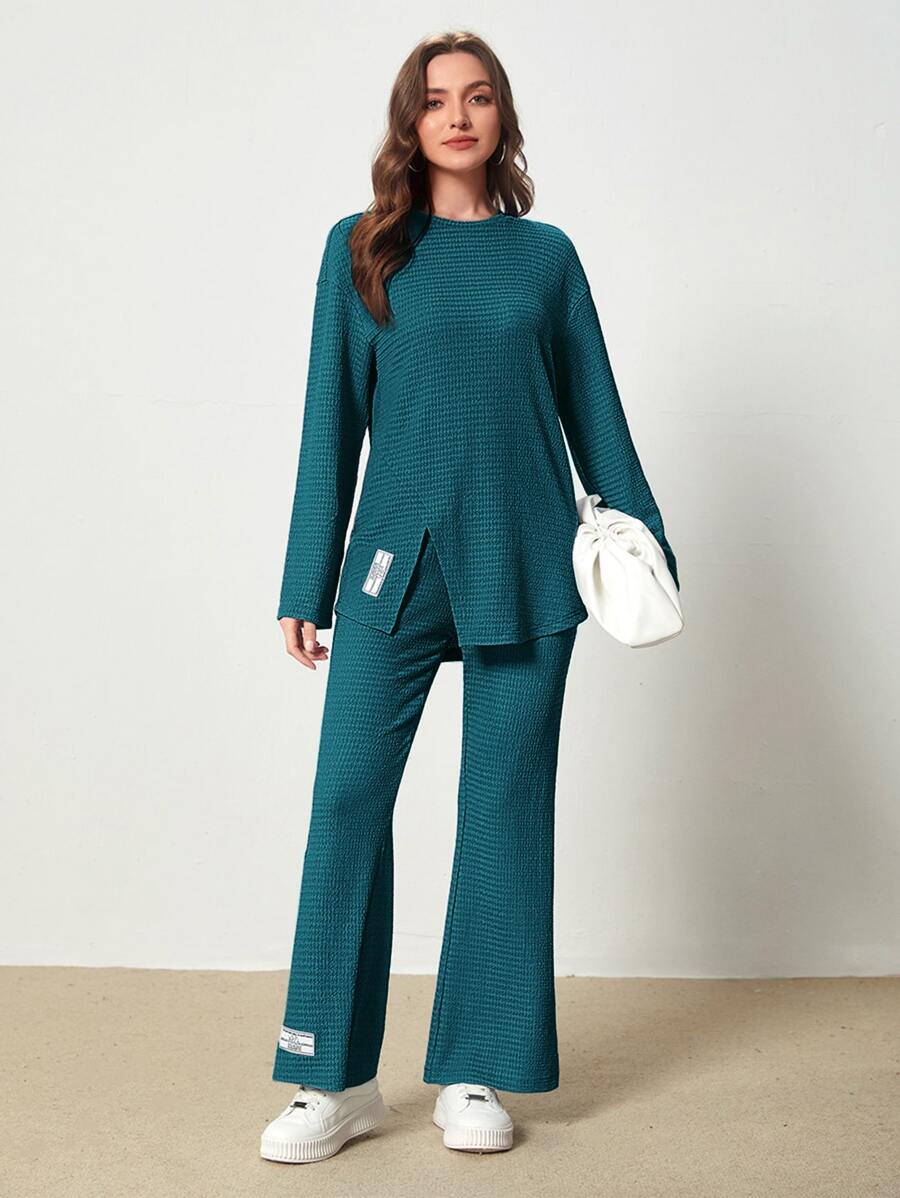 Mulvari Bộ đồ hai mảnh nữ Đắp vá Chia Lá thư Giải trí - Màu xanh ngọc - Xem 1