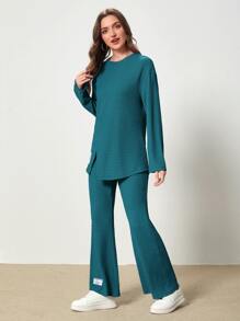 Mulvari Bộ đồ hai mảnh nữ Đắp vá Chia Lá thư Giải trí - Màu xanh ngọc - Xem 5