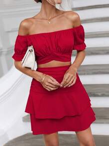 SHEIN WYWH Off Shoulder Ruched Bust Top & Two Layer Hem Skirt - Red - View 1