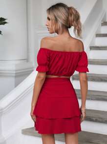 SHEIN WYWH Off Shoulder Ruched Bust Top & Two Layer Hem Skirt - Red - View 2