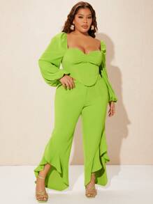 SHEIN SXY Camisa crop fruncido & Pantalones asimétrico bajo con fruncido - Verde Lima - Ver 2