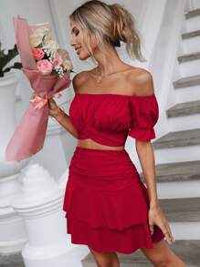SHEIN WYWH Off Shoulder Ruched Bust Top & Two Layer Hem Skirt - Red - View 5