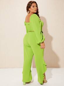 SHEIN SXY Camisa crop fruncido & Pantalones asimétrico bajo con fruncido - Verde Lima - Ver 3