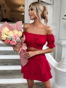 SHEIN WYWH Off Shoulder Ruched Bust Top & Two Layer Hem Skirt - Red - View 6