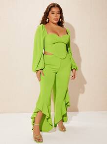 SHEIN SXY Camisa crop fruncido & Pantalones asimétrico bajo con fruncido - Verde Lima - Ver 4