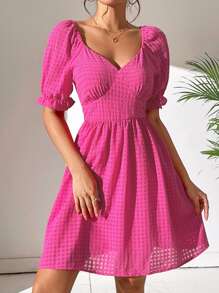 SHEIN WYWH Sweetheart Neck Puff Sleeve Dress - Hot Pink - View 1