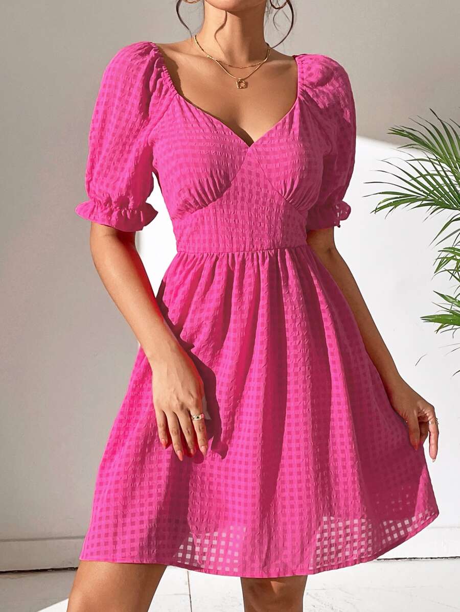 SHEIN WYWH Sweetheart Neck Puff Sleeve Dress - Hot Pink - View 1