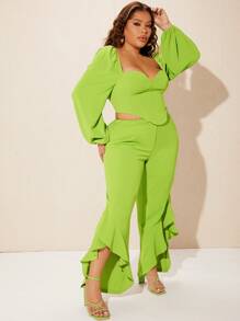 SHEIN SXY Camisa crop fruncido & Pantalones asimétrico bajo con fruncido - Verde Lima - Ver 5