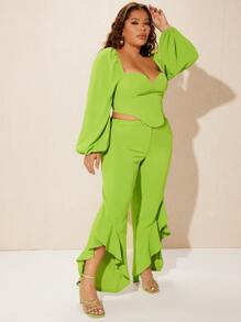 SHEIN SXY Camisa crop fruncido & Pantalones asimétrico bajo con fruncido - Verde Lima - Ver 1