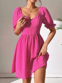 SHEIN WYWH Sweetheart Neck Puff Sleeve Dress - Hot Pink - View 3