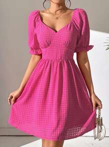 SHEIN WYWH Sweetheart Neck Puff Sleeve Dress - Hot Pink - View 4