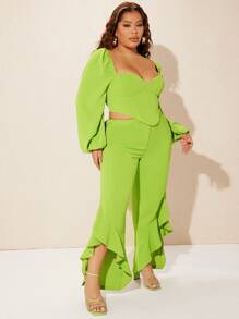 SHEIN SXY Camisa crop fruncido & Pantalones asimétrico bajo con fruncido - Verde Lima - Ver 7