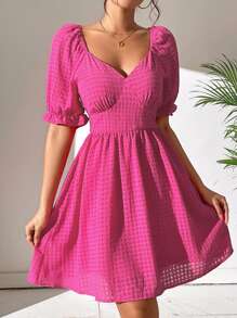 SHEIN WYWH Sweetheart Neck Puff Sleeve Dress - Hot Pink - View 6