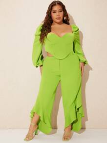 SHEIN SXY Camisa crop fruncido & Pantalones asimétrico bajo con fruncido - Verde Lima - Ver 8