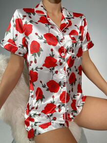 Floral Print Contrast Piping Satin PJ Set - Multicolor - View 5