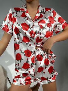 Floral Print Contrast Piping Satin PJ Set - Multicolor - View 4