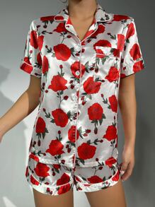 Floral Print Contrast Piping Satin PJ Set - Multicolor - View 6