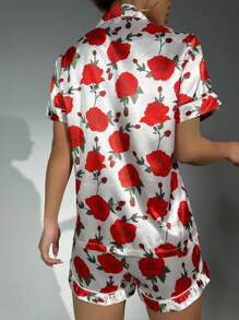 Floral Print Contrast Piping Satin PJ Set - Multicolor - View 3