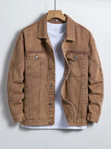 Manfinity Homme Men Cotton 1pc Flap Pocket Denim Jacket - Brown - View 1