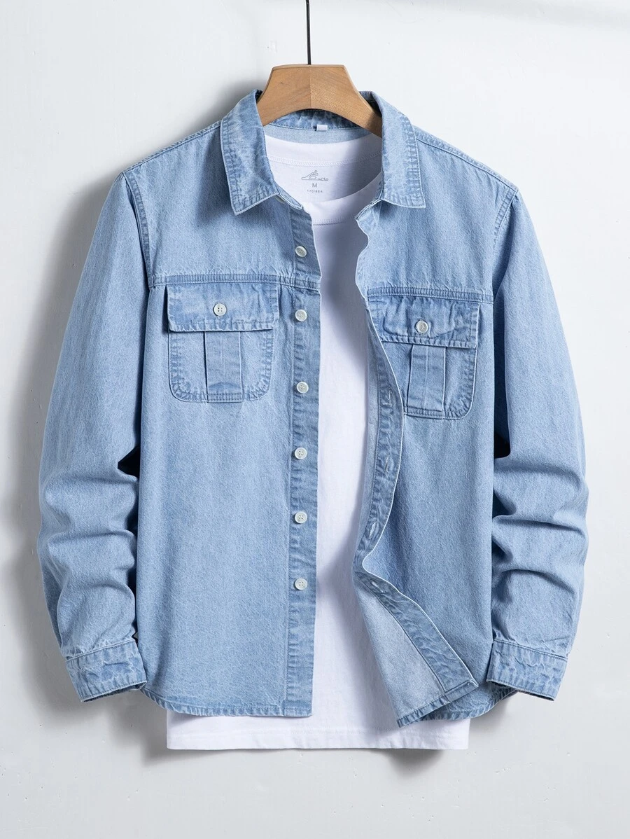 Manfinity Men Flap Pocket Denim Shirt Without Tee - Light Wash - View 1