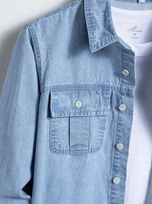 Manfinity Men Flap Pocket Denim Shirt Without Tee - Light Wash - View 4