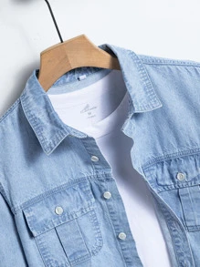 Manfinity Men Flap Pocket Denim Shirt Without Tee - Light Wash - View 6