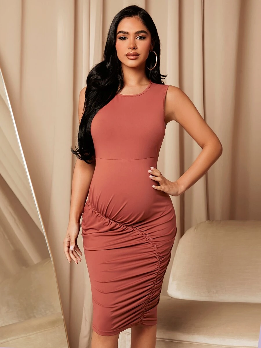 SHEIN Maternidad Vestido ajustado fruncido lateral - Rosa Oxidada - Ver 1
