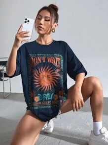 SHEIN EZwear 太陽和字母圖案落肩T恤 - 藏蓝色 - 查看 1