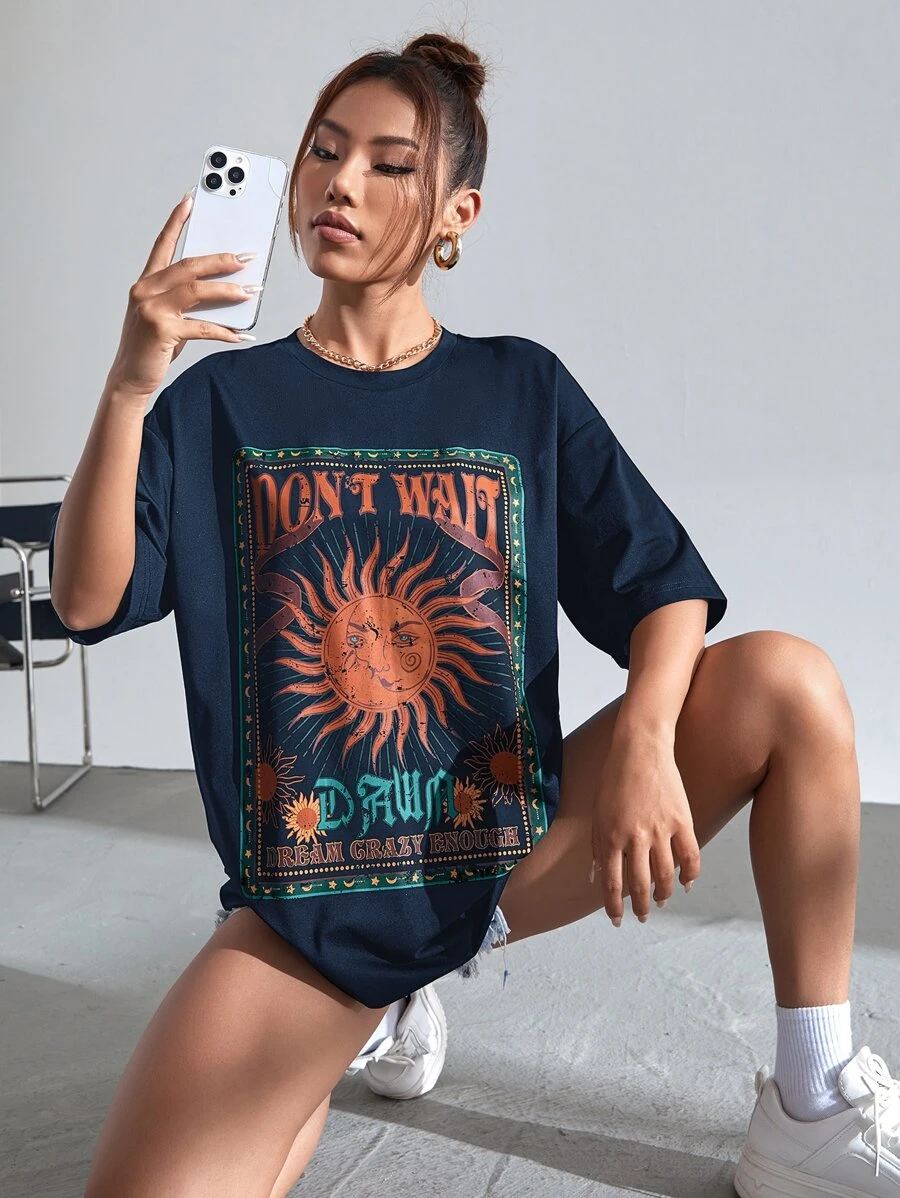 SHEIN EZwear 太陽和字母圖案落肩T恤 - 藏蓝色 - 查看 1