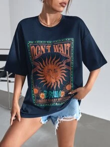 SHEIN EZwear 太陽和字母圖案落肩T恤 - 藏蓝色 - 查看 2