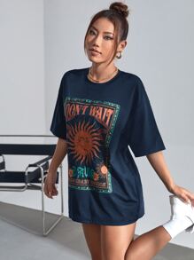SHEIN EZwear 太陽和字母圖案落肩T恤 - 藏蓝色 - 查看 3