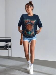 SHEIN EZwear 太陽和字母圖案落肩T恤 - 藏蓝色 - 查看 5