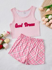 Girls Plaid & Letter Graphic PJ Set - Pink - View 1