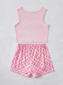 Girls Plaid & Letter Graphic PJ Set - Pink - View 2