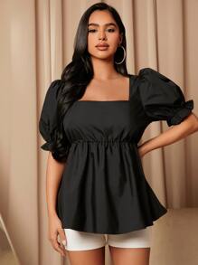 SHEIN Maternity Square Neck Puff Sleeve Peplum Top - Black - View 4