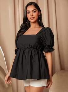 SHEIN Maternity Square Neck Puff Sleeve Peplum Top - Black - View 3
